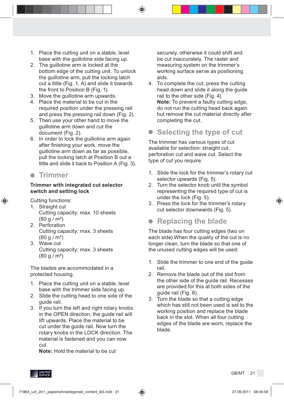 Trimmer, Selecting the type of cut replacing the blade | United Office 2-in-1 Paper Trimmer User Manual | Page 23 / 30