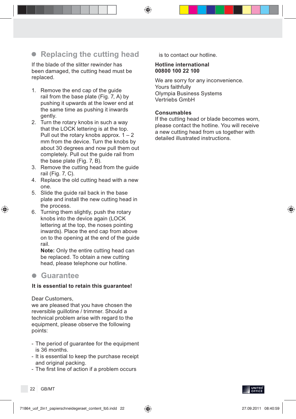 Replacing the cutting head guarantee | United Office 2-in-1 Paper Trimmer User Manual | Page 24 / 30