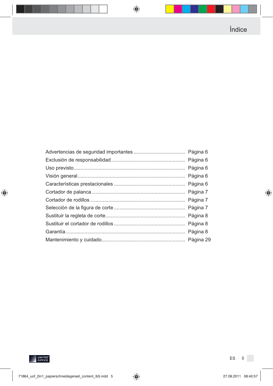 Índice | United Office 2-in-1 Paper Trimmer User Manual | Page 7 / 30