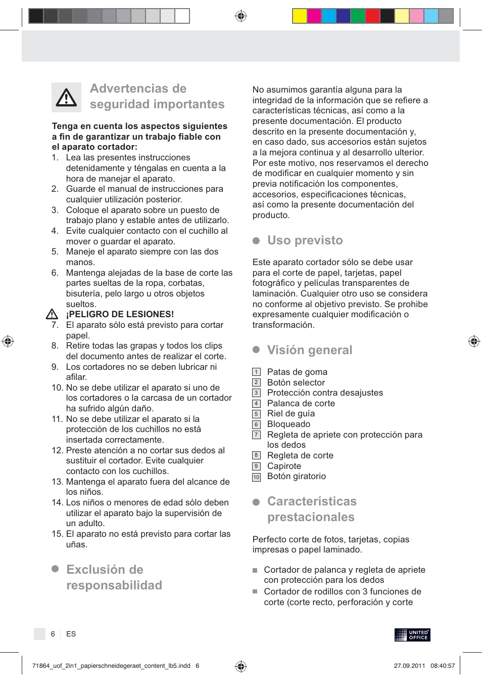 Advertencias de seguridad importantes, Características prestacionales | United Office 2-in-1 Paper Trimmer User Manual | Page 8 / 30