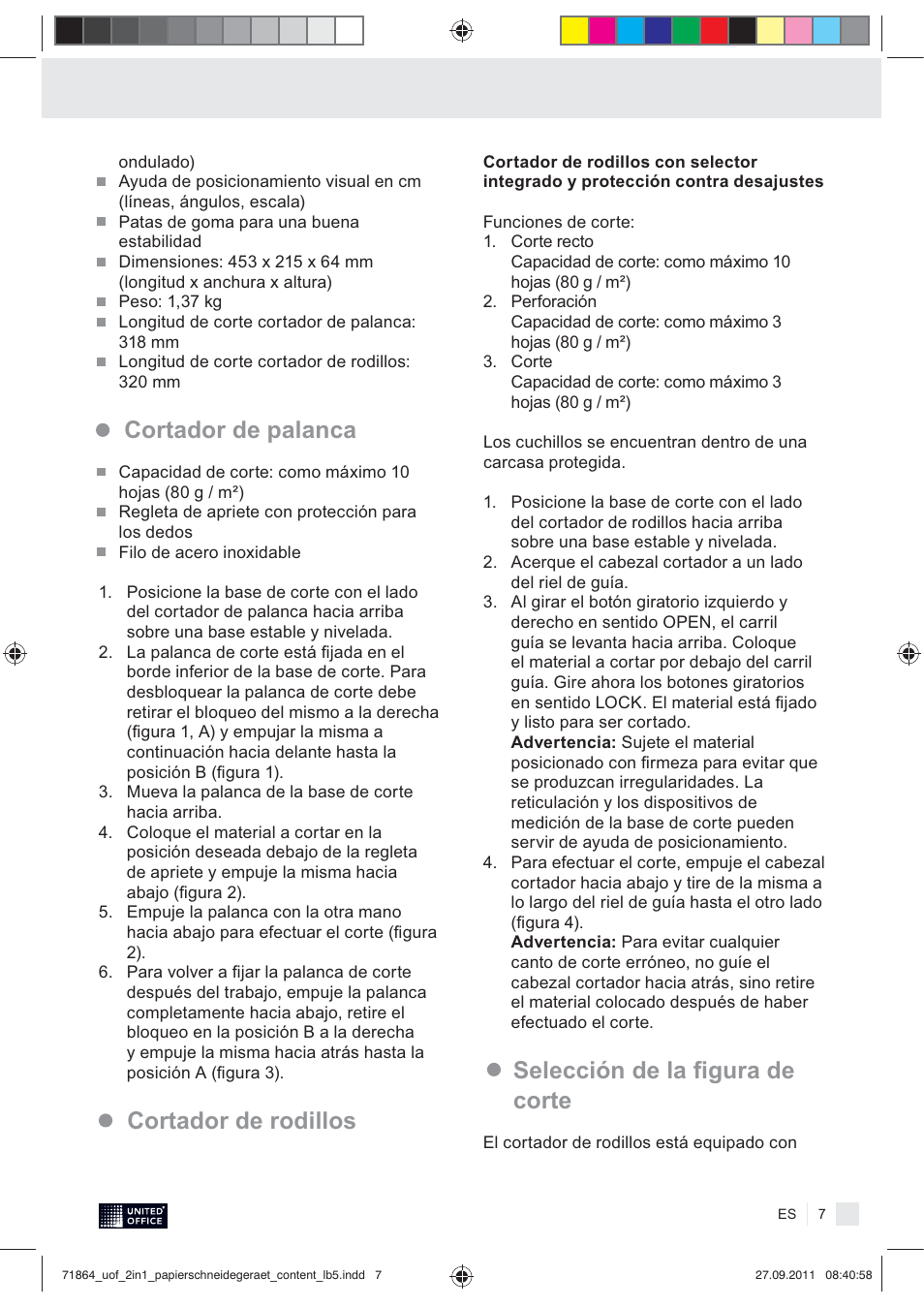 Cortador de palanca, Selección de la ﬁgura de corte, Cortador de rodillos | United Office 2-in-1 Paper Trimmer User Manual | Page 9 / 30