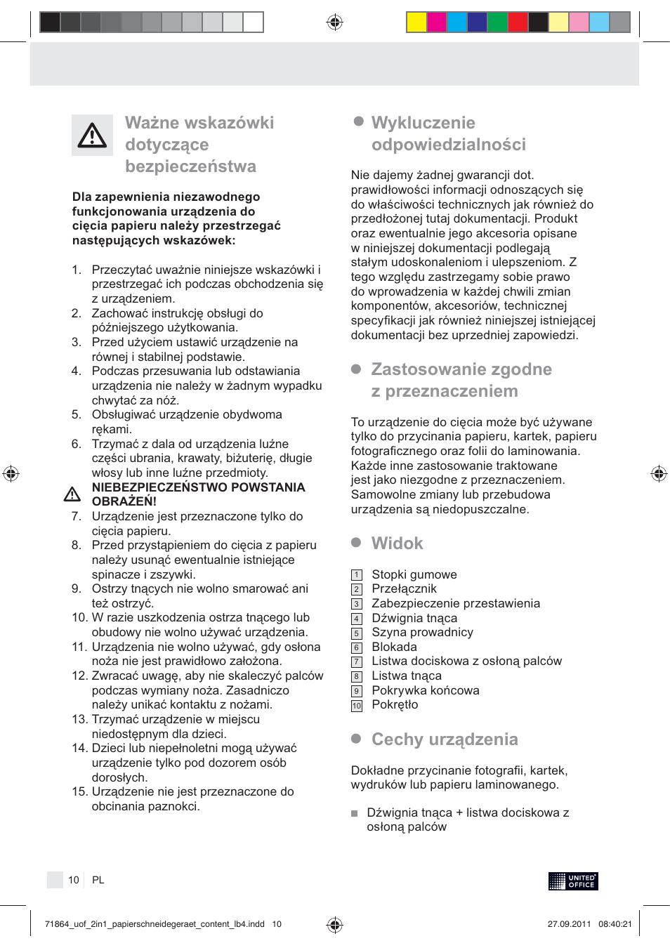 Ważne wskazówki dotyczące bezpieczeństwa, Cechy urządzenia | United Office 2-in-1 Paper Trimmer User Manual | Page 12 / 34