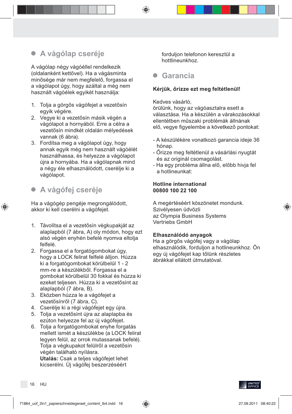 A vágólap cseréje a vágófej cseréje garancia | United Office 2-in-1 Paper Trimmer User Manual | Page 18 / 34