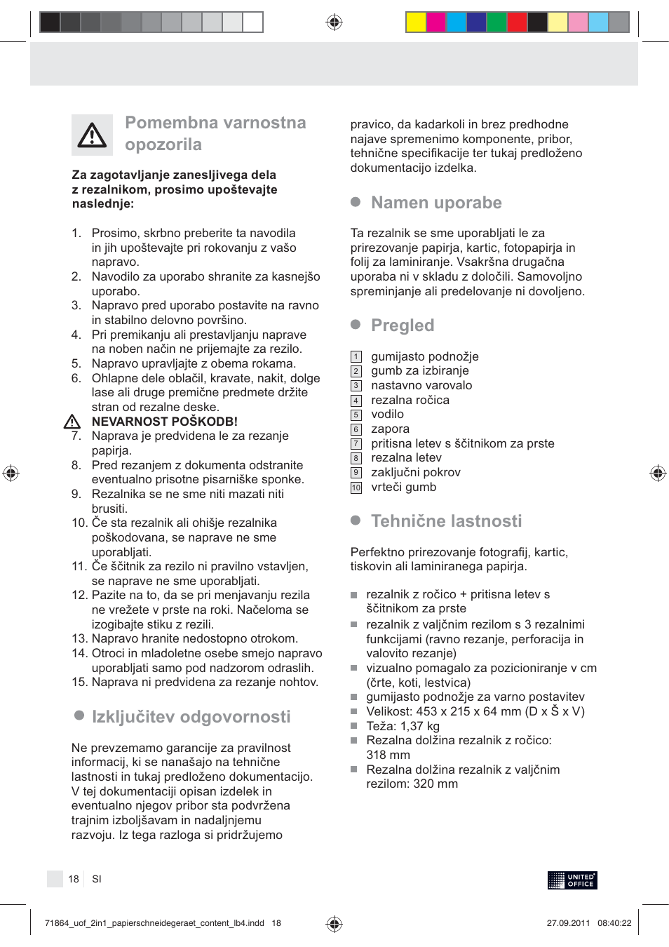 Pomembna varnostna opozorila, Izključitev odgovornosti pregled namen uporabe, Tehnične lastnosti | United Office 2-in-1 Paper Trimmer User Manual | Page 20 / 34