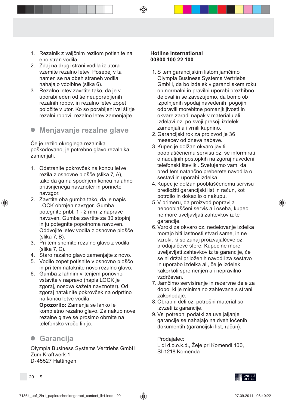 Menjavanje rezalne glave garancija | United Office 2-in-1 Paper Trimmer User Manual | Page 22 / 34