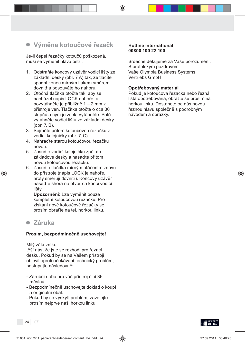 Výměna kotoučové řezačk záruka | United Office 2-in-1 Paper Trimmer User Manual | Page 26 / 34