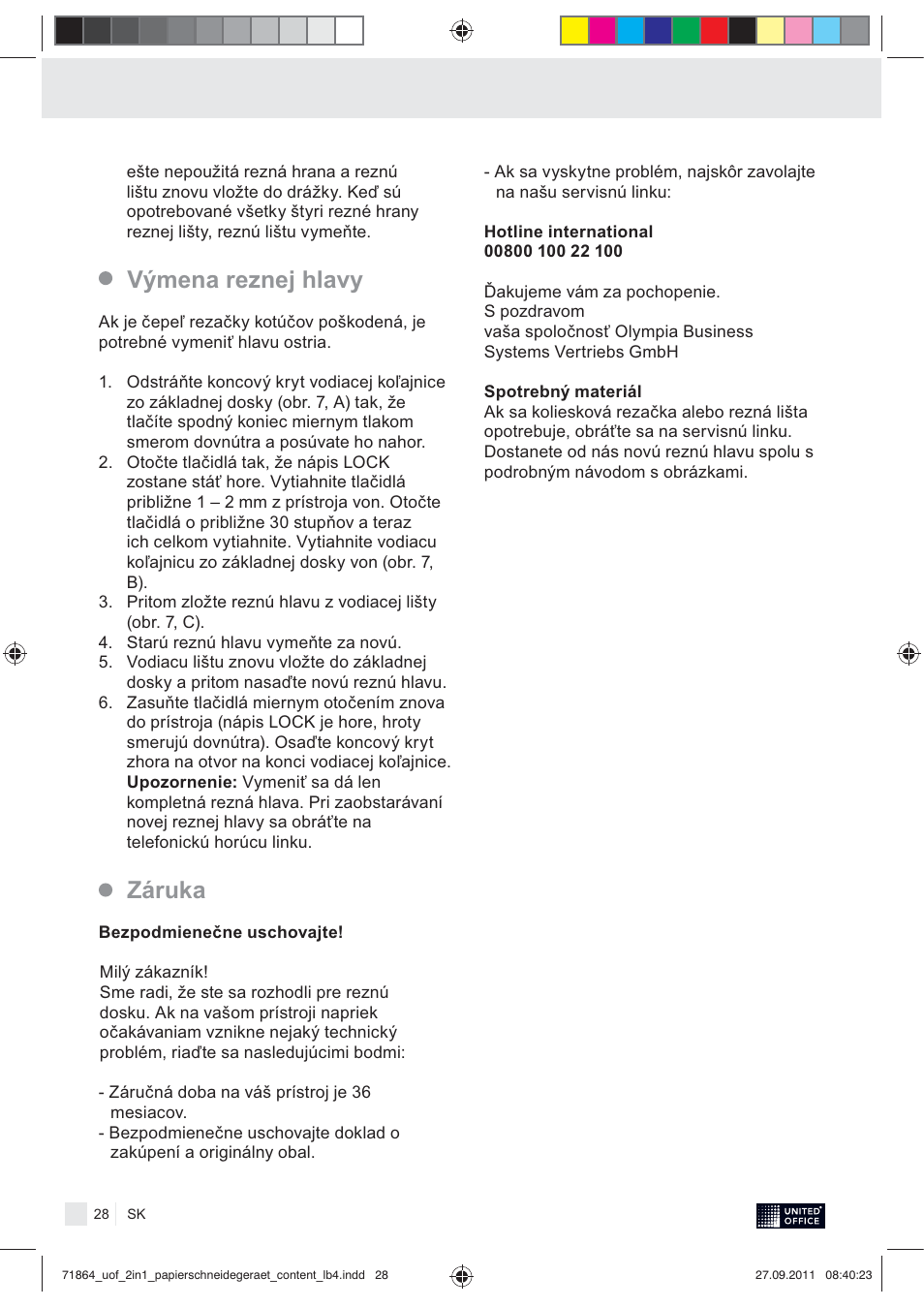 Výmena reznej hlavy záruka | United Office 2-in-1 Paper Trimmer User Manual | Page 30 / 34