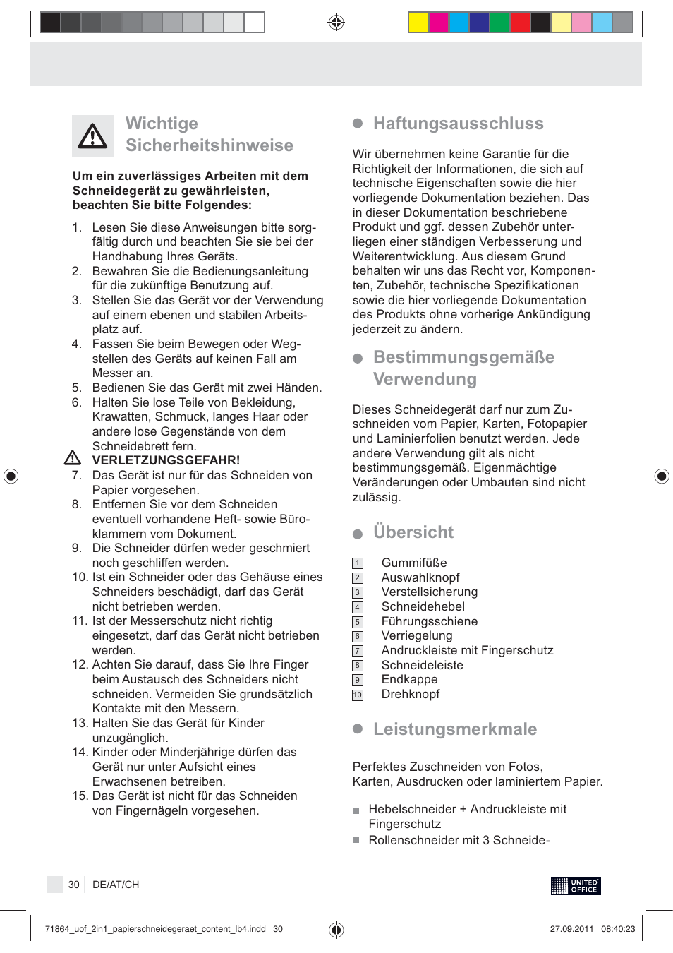 Leistungsmerkmale | United Office 2-in-1 Paper Trimmer User Manual | Page 32 / 34