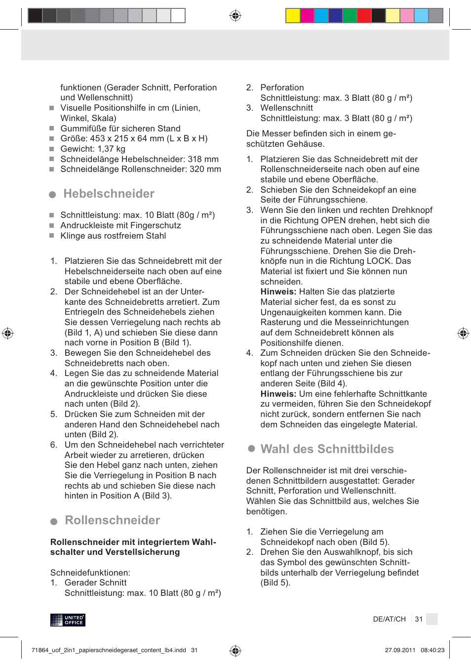 Hebelschneider wahl des schnittbildes, Rollenschneider | United Office 2-in-1 Paper Trimmer User Manual | Page 33 / 34
