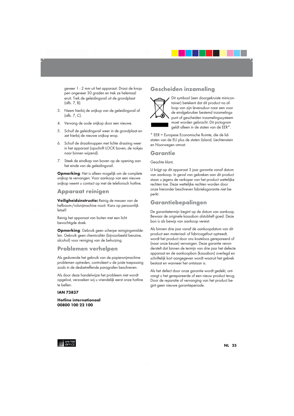 Apparaat reinigen, Problemen verhelpen, Gescheiden inzameling | Garantie, Garantiebepalingen | United Office 2-in-1 Paper Trimmer User Manual | Page 25 / 34