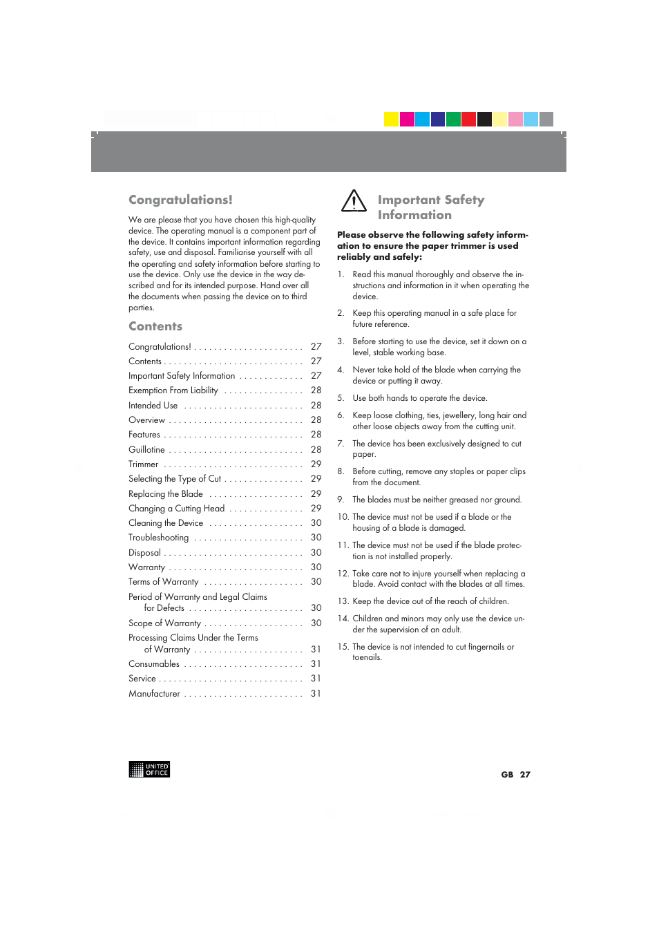 United Office 2-in-1 Paper Trimmer User Manual | Page 27 / 34