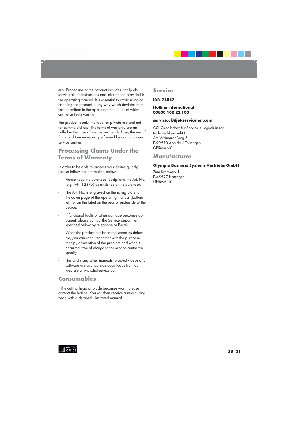 Processing claims under the terms of warranty, Consumables, Service | Manufacturer | United Office 2-in-1 Paper Trimmer User Manual | Page 31 / 34