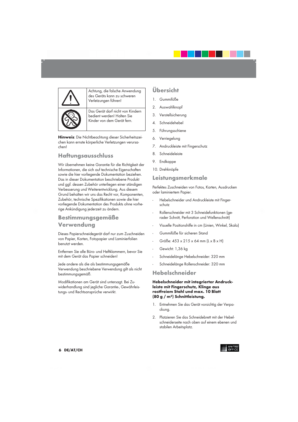 Haftungsausschluss, Bestimmungsgemäße verwendung, Übersicht | Leistungsmerkmale, Hebelschneider | United Office 2-in-1 Paper Trimmer User Manual | Page 6 / 34
