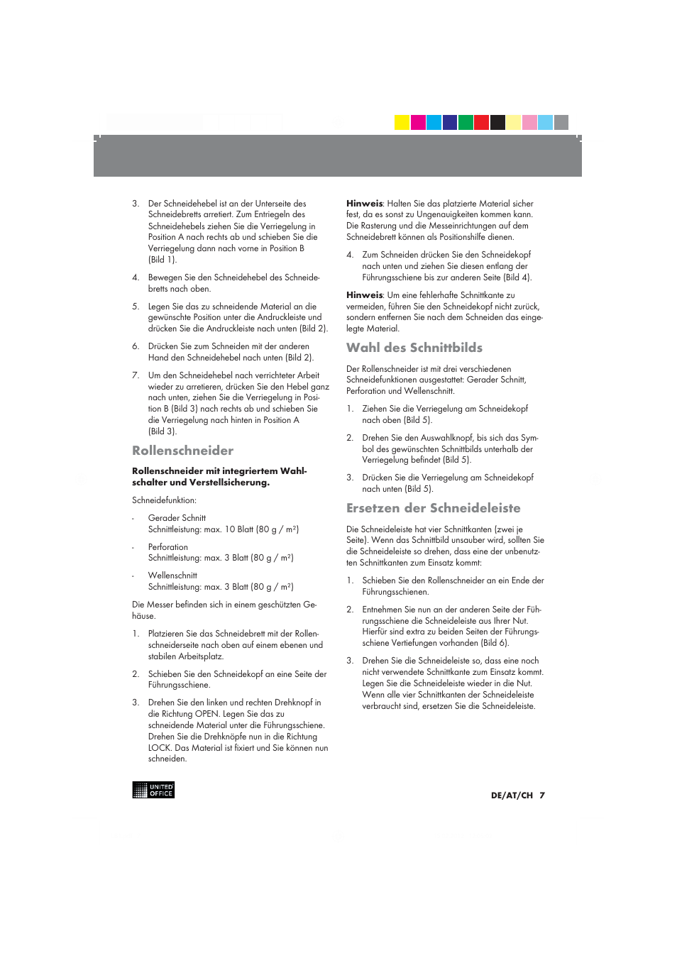 Rollenschneider, Wahl des schnittbilds, Ersetzen der schneideleiste | United Office 2-in-1 Paper Trimmer User Manual | Page 7 / 34