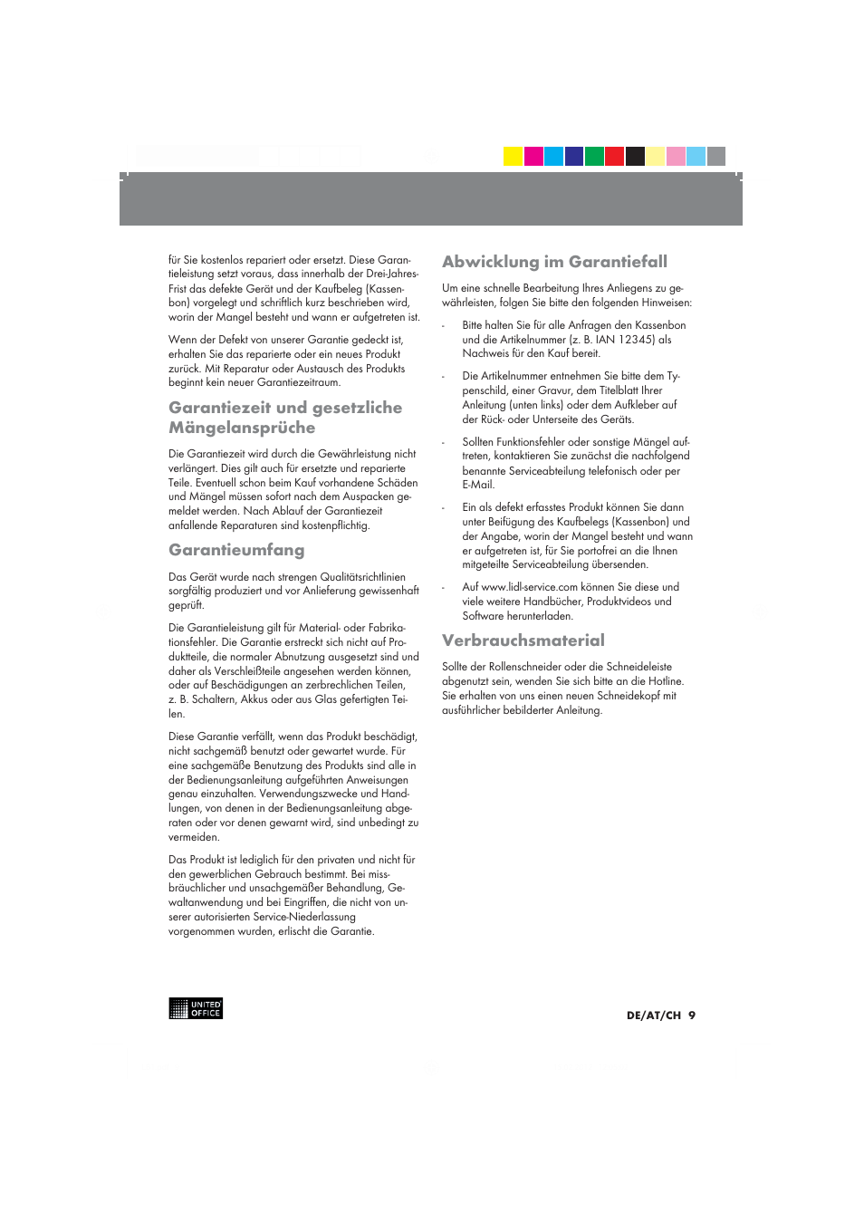 Garantiezeit und gesetzliche mängelansprüche, Garantieumfang, Abwicklung im garantiefall | Verbrauchsmaterial | United Office 2-in-1 Paper Trimmer User Manual | Page 9 / 34