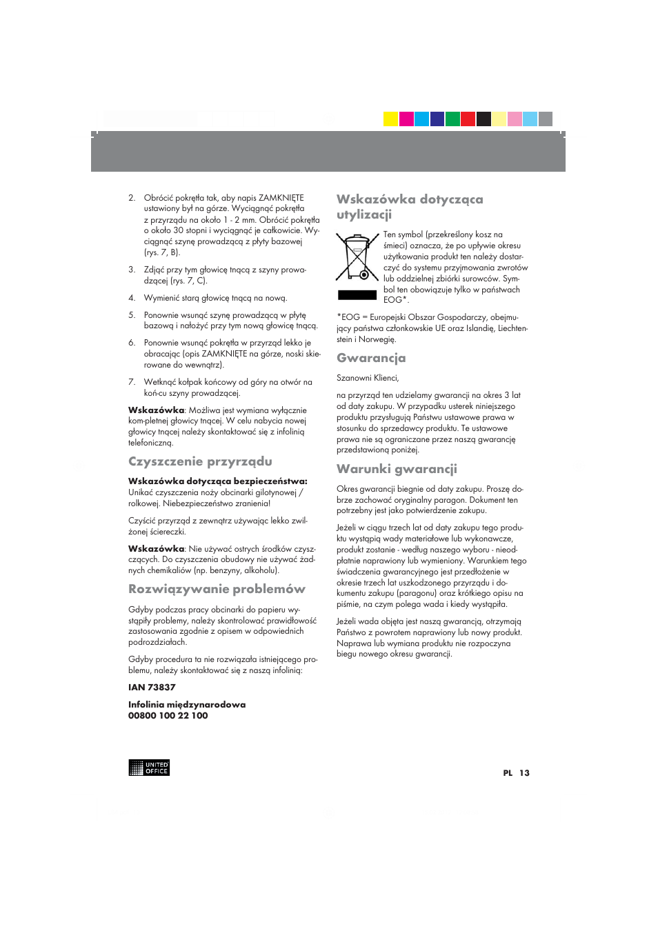 Czyszczenie przyrządu, Rozwiązywanie problemów, Wskazówka dotycząca utylizacji | Gwarancja, Warunki gwarancji | United Office 2-in-1 Paper Trimmer User Manual | Page 13 / 42