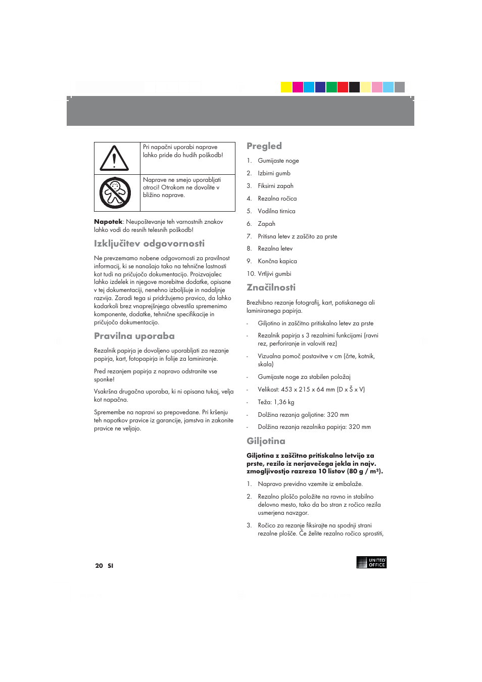 Izključitev odgovornosti, Pravilna uporaba, Pregled | Značilnosti, Giljotina | United Office 2-in-1 Paper Trimmer User Manual | Page 20 / 42