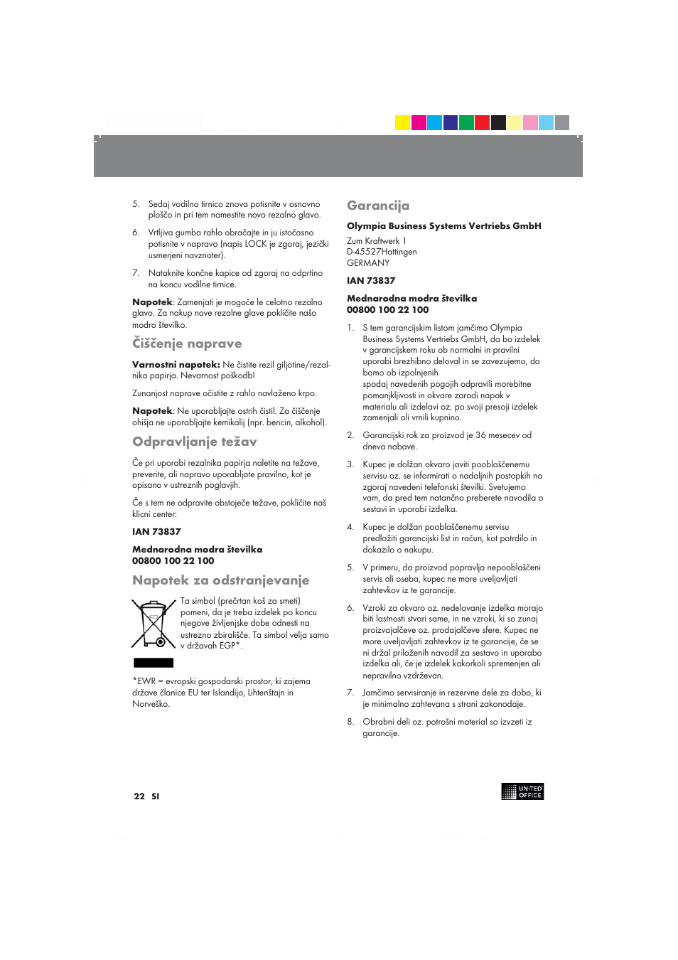 Čiščenje naprave, Odpravljanje težav, Napotek za odstranjevanje | Garancija | United Office 2-in-1 Paper Trimmer User Manual | Page 22 / 42