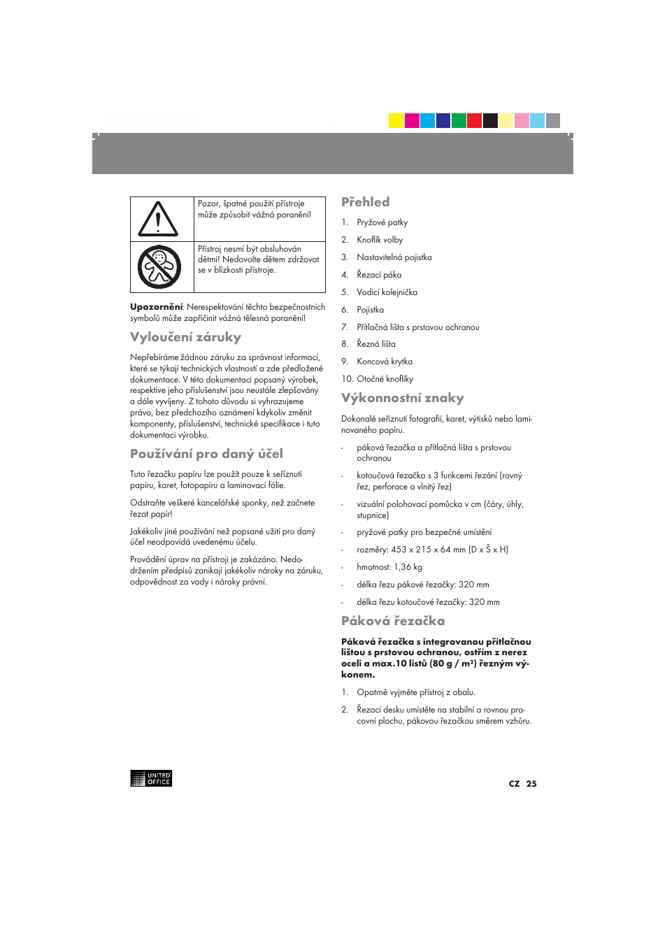 Vyloučení záruky, Používání pro daný účel, Přehled | Výkonnostní znaky, Páková řezačka | United Office 2-in-1 Paper Trimmer User Manual | Page 25 / 42