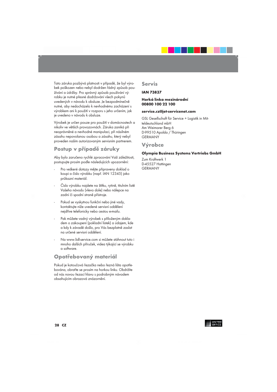 Postup v případě záruky, Opotřebovaný materiál, Servis | Výrobce | United Office 2-in-1 Paper Trimmer User Manual | Page 28 / 42