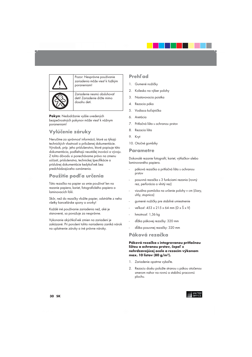 Vylúčenie záruky, Použitie podľa určenia, Prehľad | Parametre, Páková rezačka | United Office 2-in-1 Paper Trimmer User Manual | Page 30 / 42