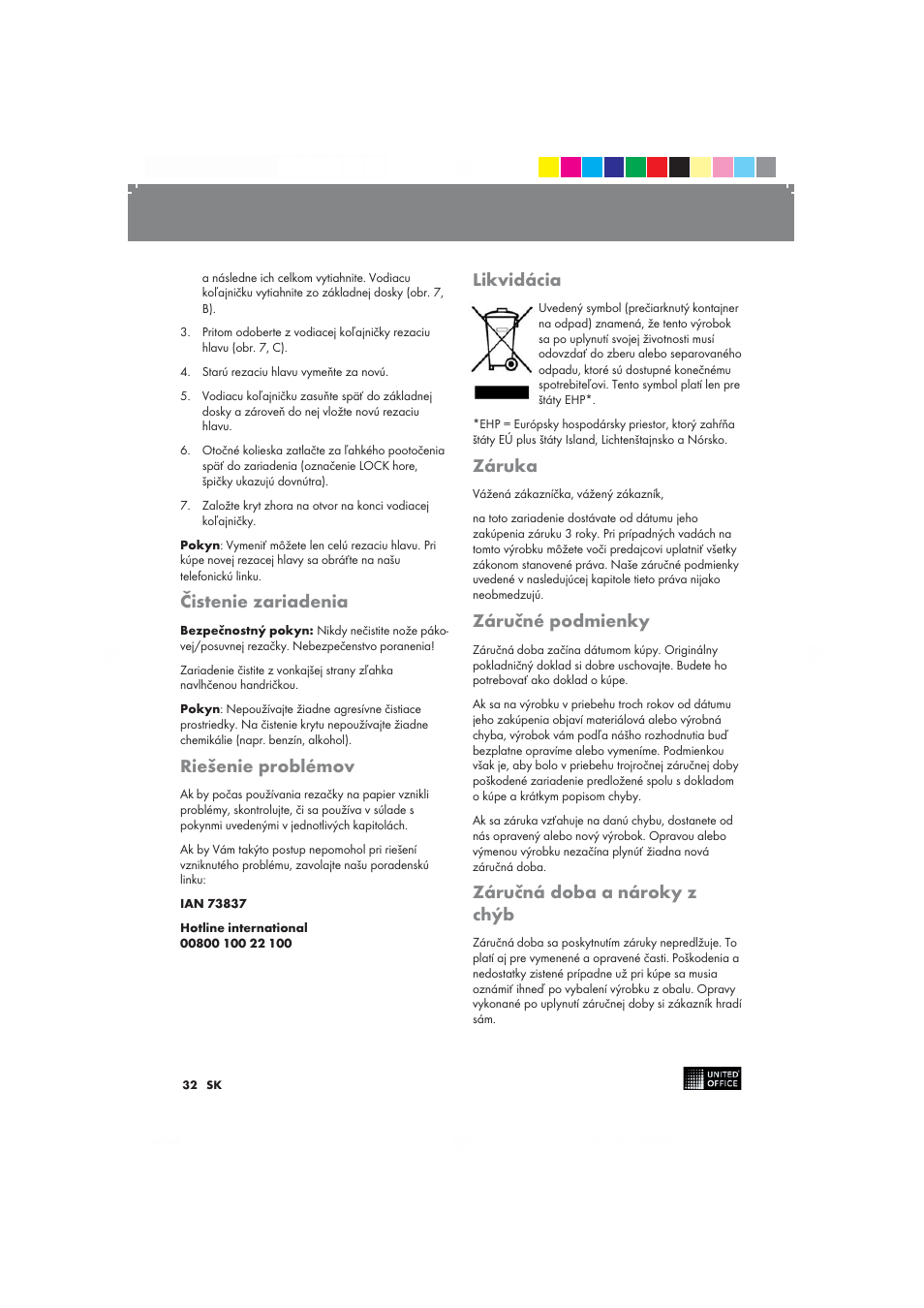 Čistenie zariadenia, Riešenie problémov, Likvidácia | Záruka, Záručné podmienky, Záručná doba a nároky z chýb | United Office 2-in-1 Paper Trimmer User Manual | Page 32 / 42