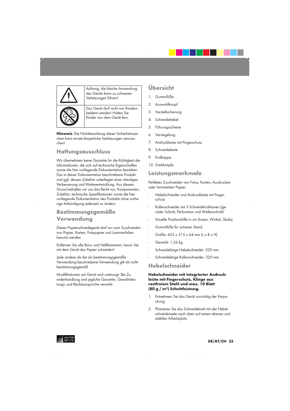 Haftungsausschluss, Bestimmungsgemäße verwendung, Übersicht | Leistungsmerkmale, Hebelschneider | United Office 2-in-1 Paper Trimmer User Manual | Page 35 / 42