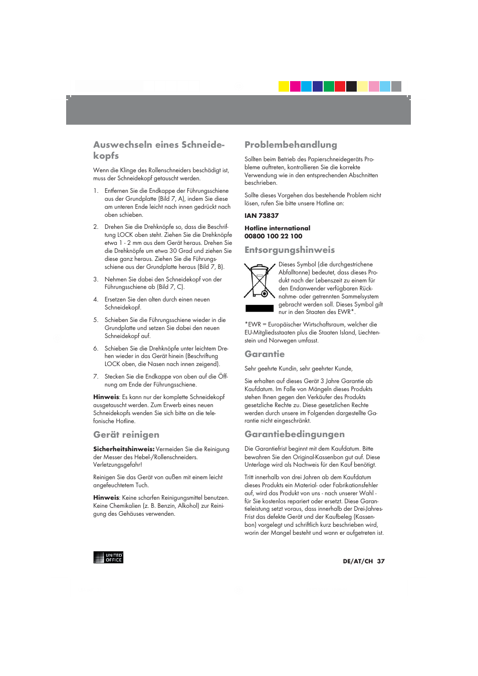 Auswechseln eines schneide­ kopfs, Gerät reinigen, Problembehandlung | Entsorgungshinweis, Garantie, Garantiebedingungen | United Office 2-in-1 Paper Trimmer User Manual | Page 37 / 42