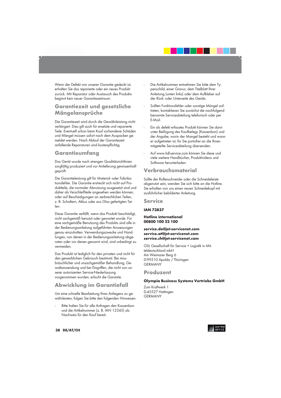 Garantiezeit und gesetzliche mängelansprüche, Garantieumfang, Abwicklung im garantiefall | Verbrauchsmaterial, Service, Produzent | United Office 2-in-1 Paper Trimmer User Manual | Page 38 / 42