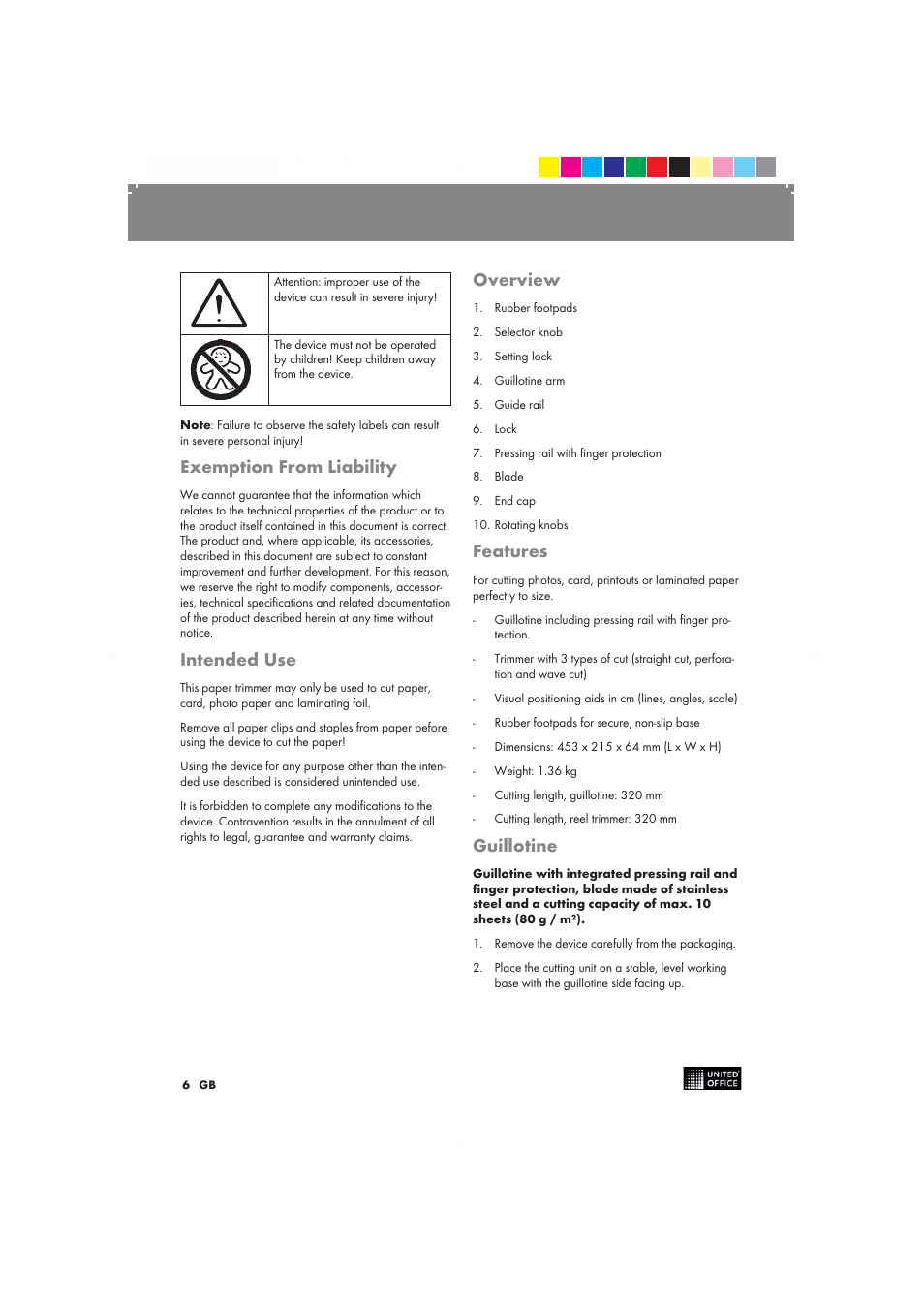 Exemption from liability, Intended use, Overview | Features, Guillotine | United Office 2-in-1 Paper Trimmer User Manual | Page 6 / 42