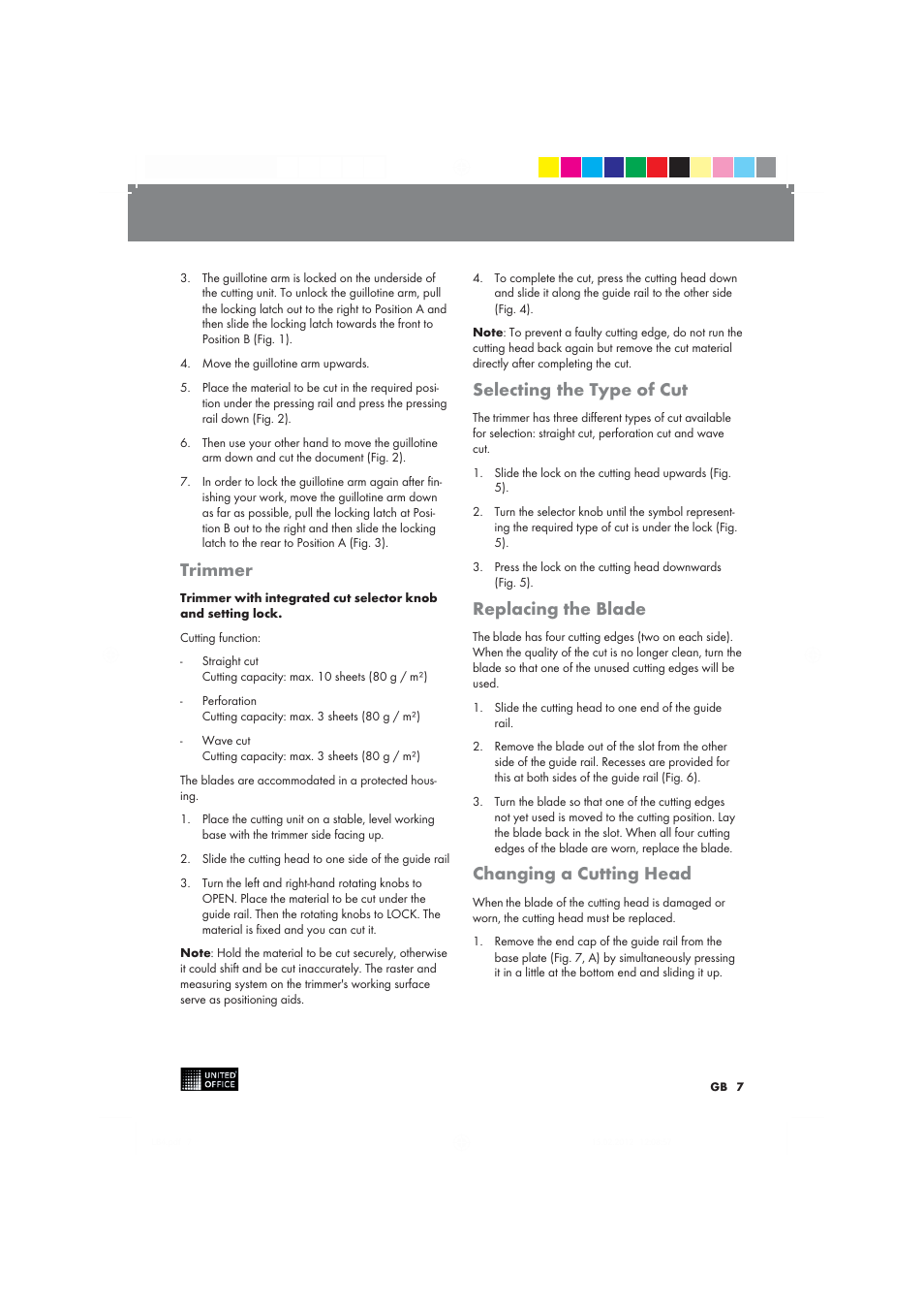 Trimmer, Selecting the type of cut, Replacing the blade | Changing a cutting head | United Office 2-in-1 Paper Trimmer User Manual | Page 7 / 42
