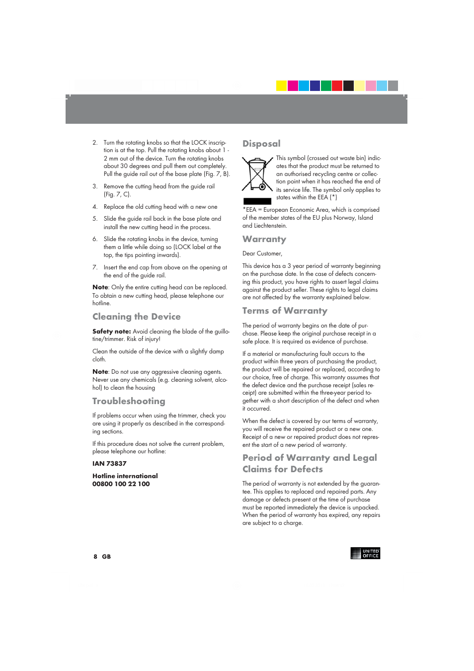 Cleaning the device, Troubleshooting, Disposal | Warranty, Terms of warranty, Period of warranty and legal claims for defects | United Office 2-in-1 Paper Trimmer User Manual | Page 8 / 42