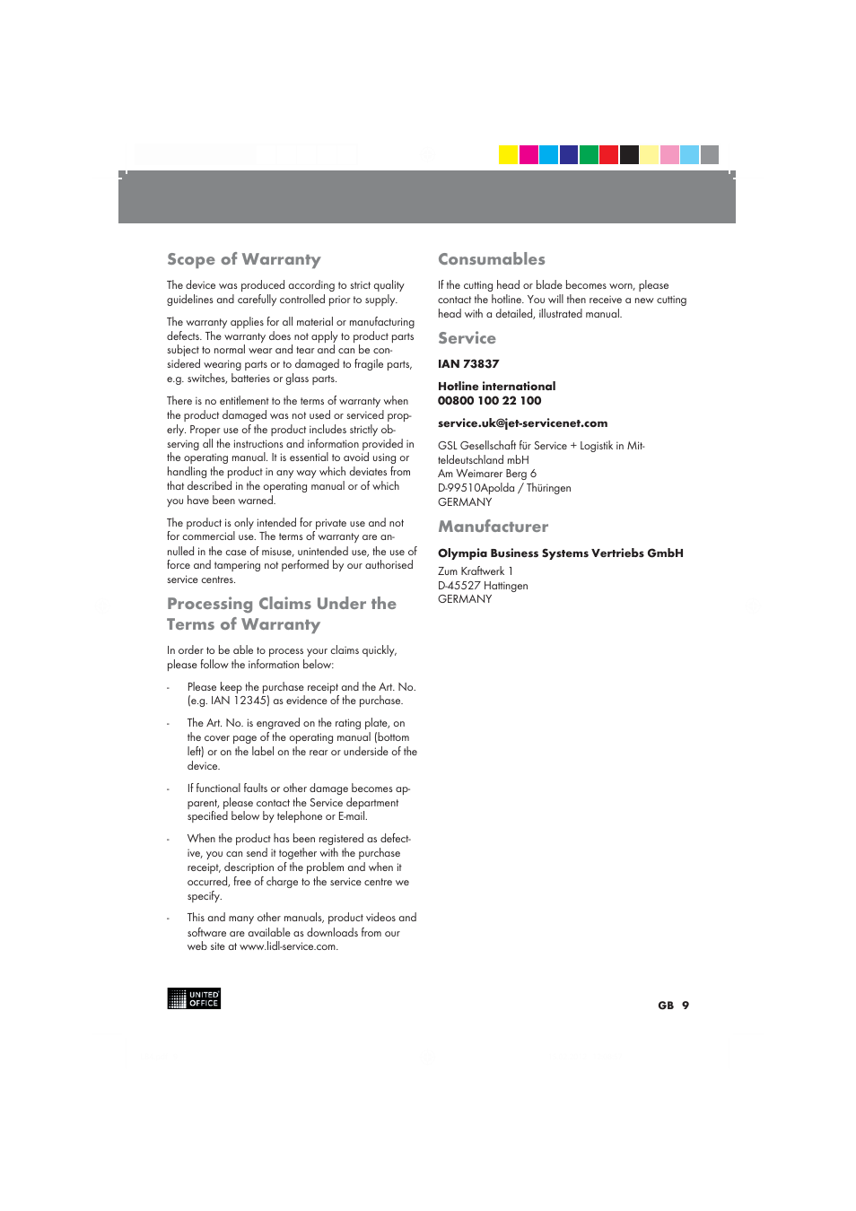 Scope of warranty, Processing claims under the terms of warranty, Consumables | Service, Manufacturer | United Office 2-in-1 Paper Trimmer User Manual | Page 9 / 42