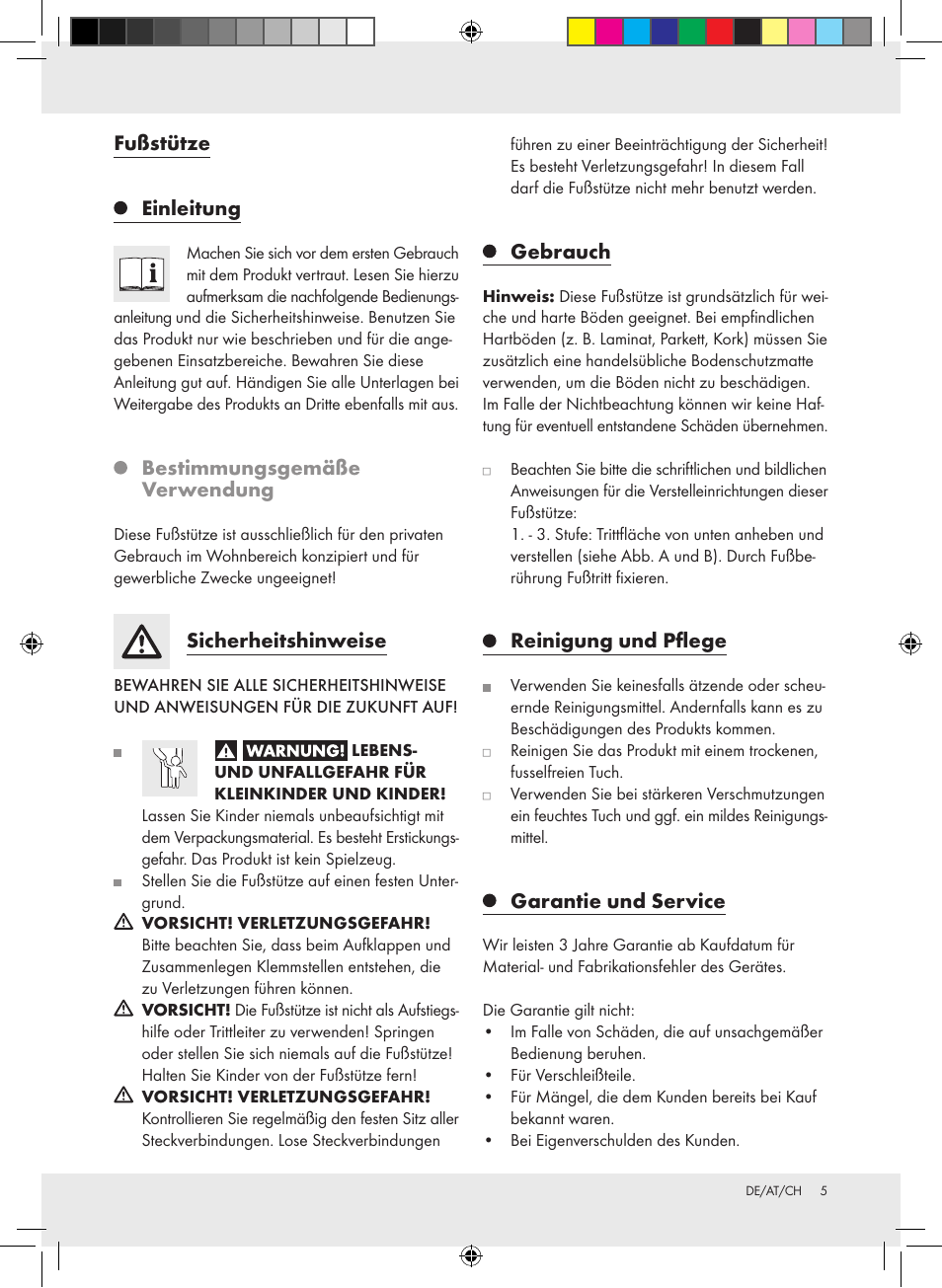 Fußstütze einleitung, Bestimmungsgemäße verwendung, Sicherheitshinweise | Gebrauch, Reinigung und pflege, Garantie und service | United Office Footrest User Manual | Page 5 / 15
