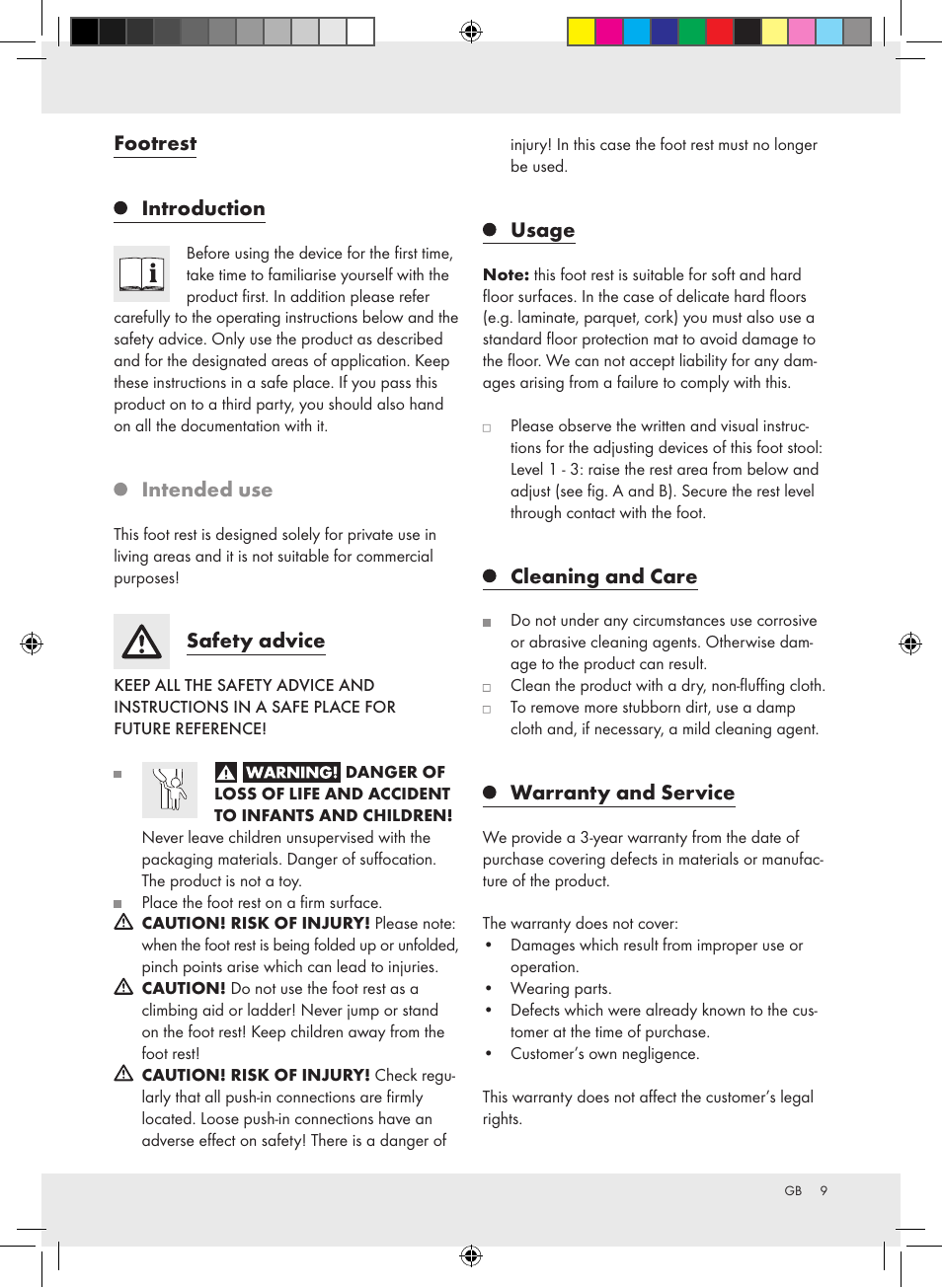 Footrest introduction, Intended use, Safety advice | Usage, Cleaning and care, Warranty and service | United Office Footrest User Manual | Page 9 / 13