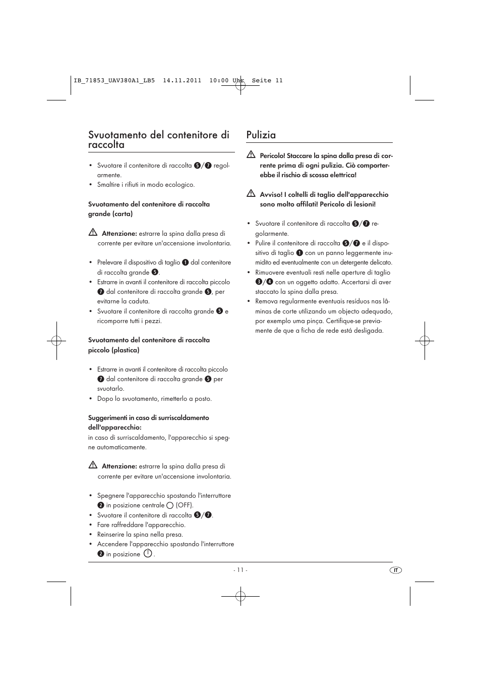 Svuotamento del contenitore di raccolta, Pulizia | United Office UAV 380 A1 User Manual | Page 13 / 37