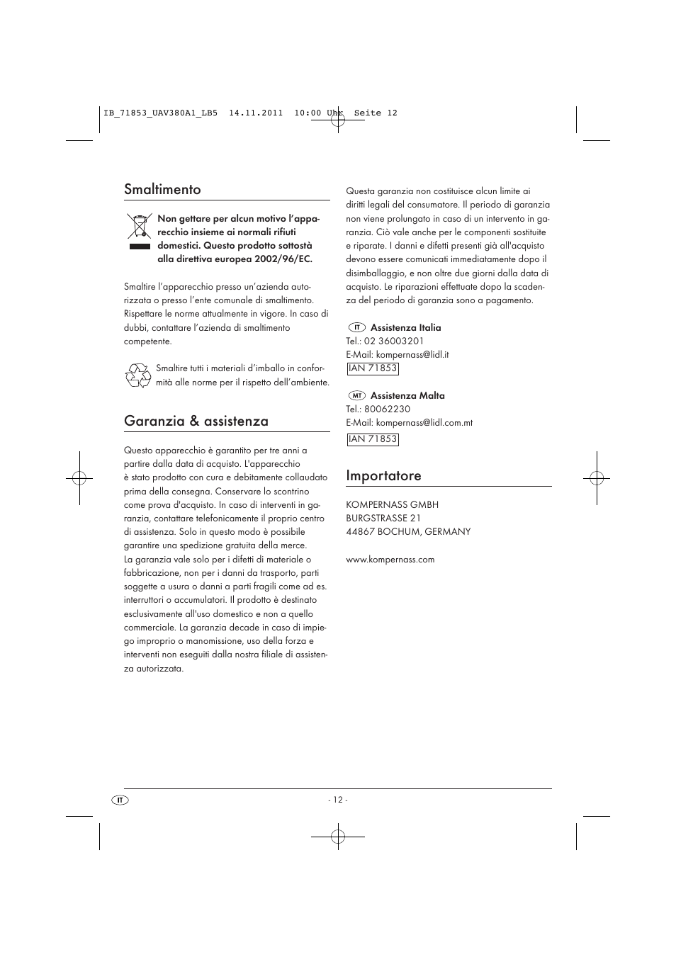 Smaltimento, Garanzia & assistenza, Importatore | United Office UAV 380 A1 User Manual | Page 14 / 37