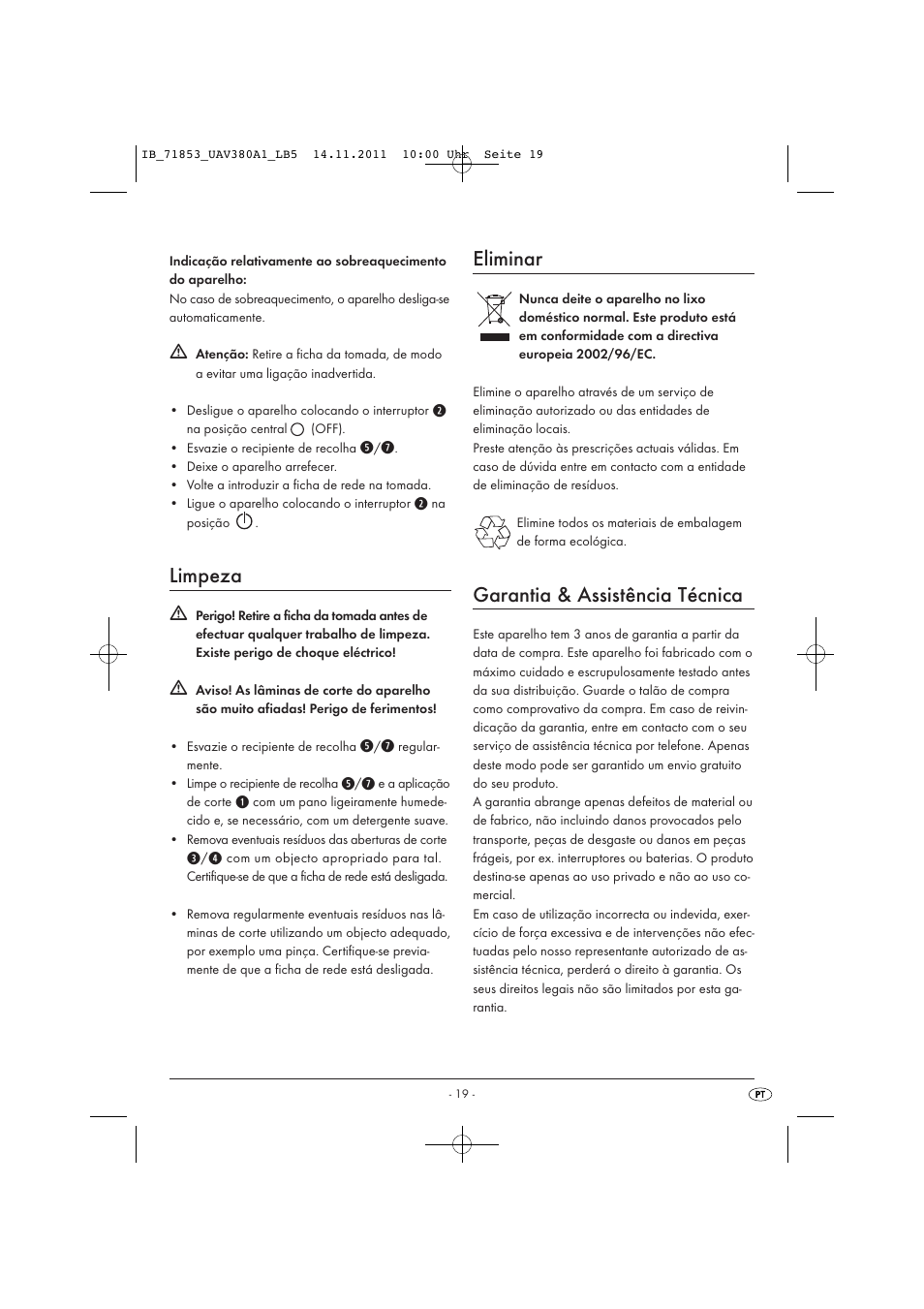 Limpeza, Eliminar, Garantia & assistência técnica | United Office UAV 380 A1 User Manual | Page 21 / 37