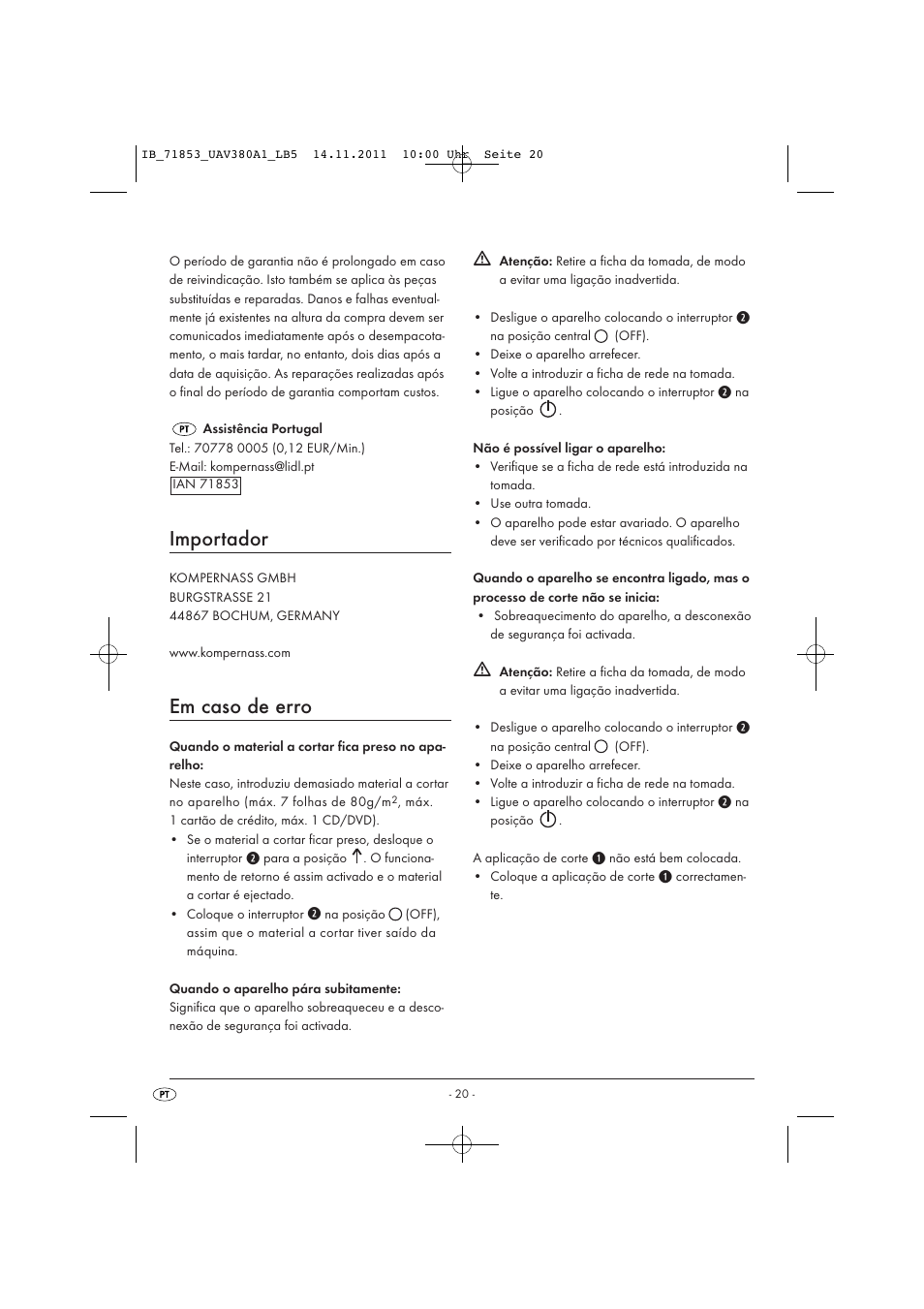 Importador, Em caso de erro | United Office UAV 380 A1 User Manual | Page 22 / 37