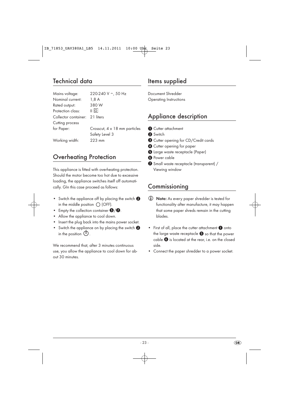 Technical data, Overheating protection, Items supplied | Appliance description, Commissioning | United Office UAV 380 A1 User Manual | Page 25 / 37