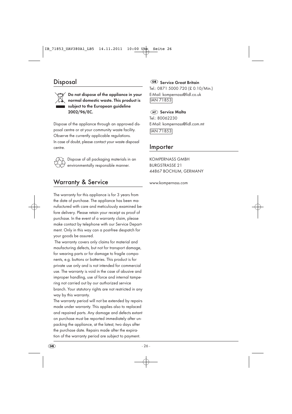 Disposal, Warranty & service, Importer | United Office UAV 380 A1 User Manual | Page 28 / 37