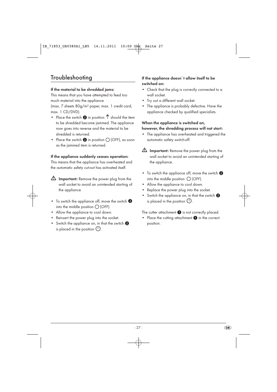 Troubleshooting | United Office UAV 380 A1 User Manual | Page 29 / 37