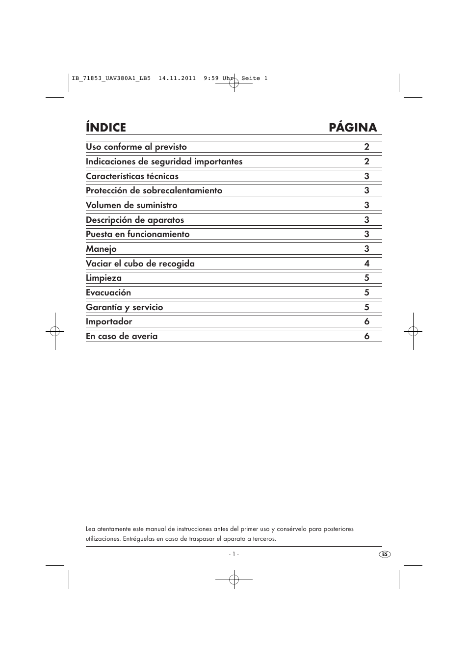 Índice página | United Office UAV 380 A1 User Manual | Page 3 / 37