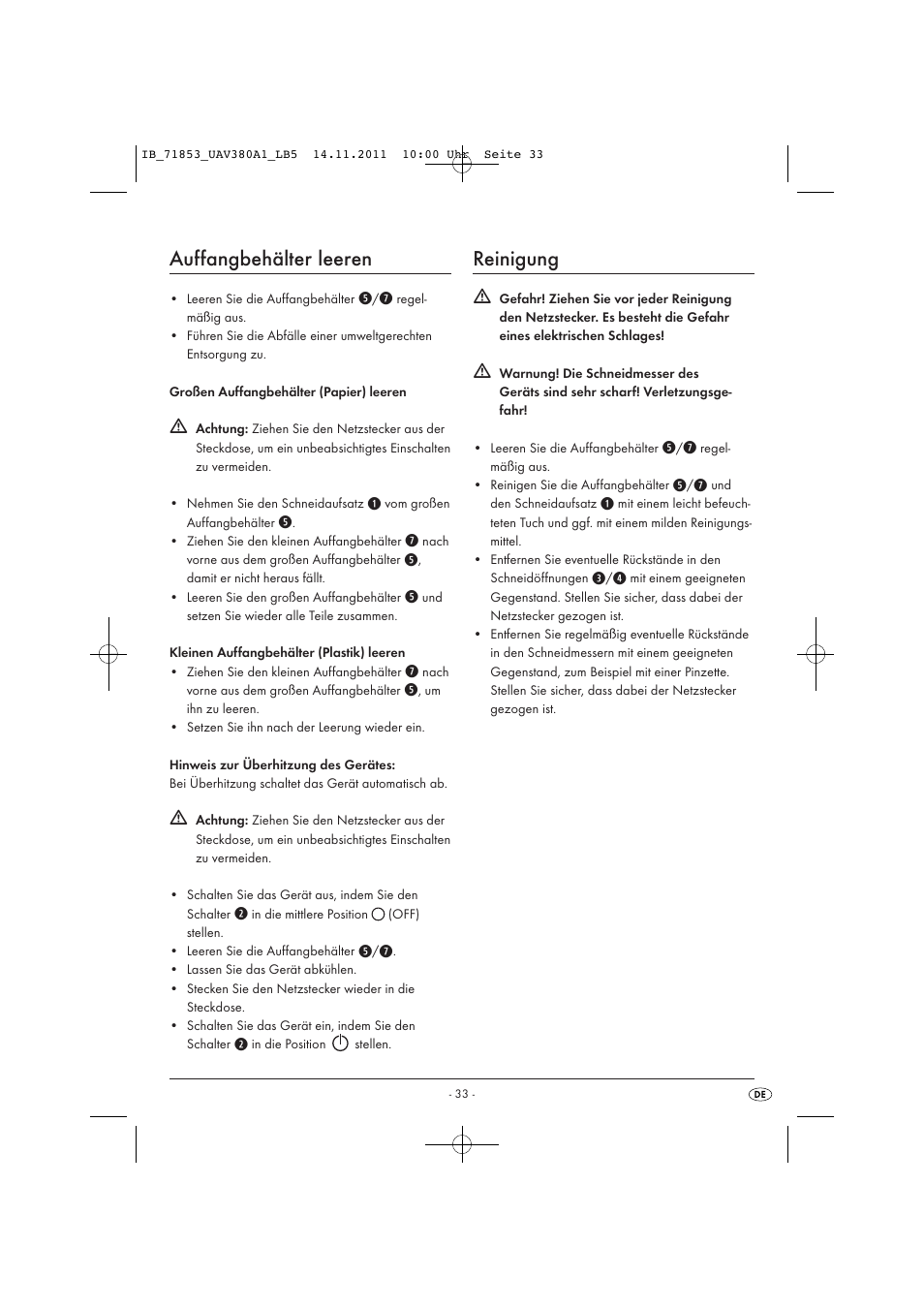 Auffangbehälter leeren, Reinigung | United Office UAV 380 A1 User Manual | Page 35 / 37