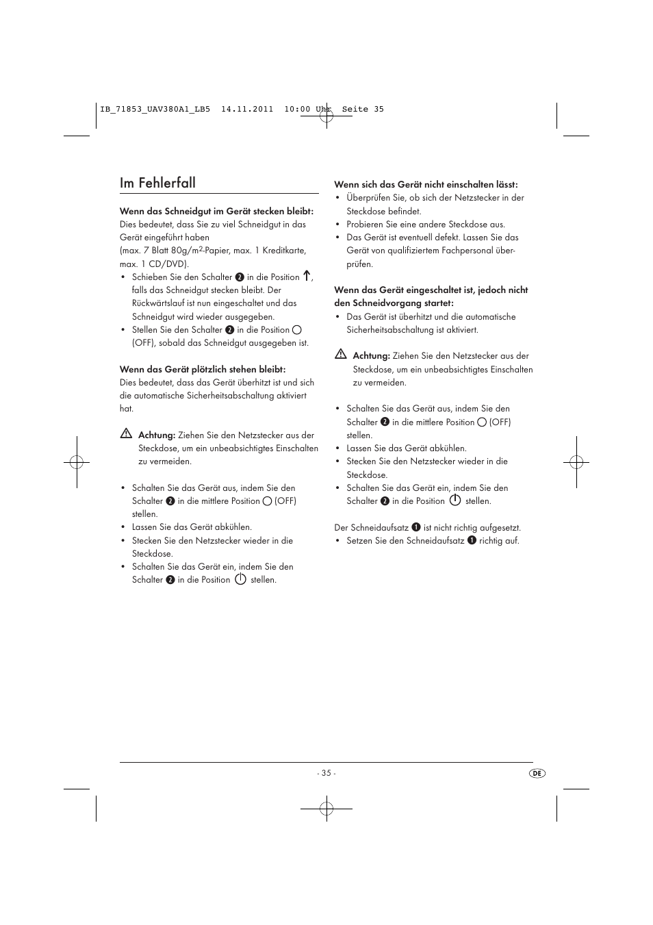 Im fehlerfall | United Office UAV 380 A1 User Manual | Page 37 / 37