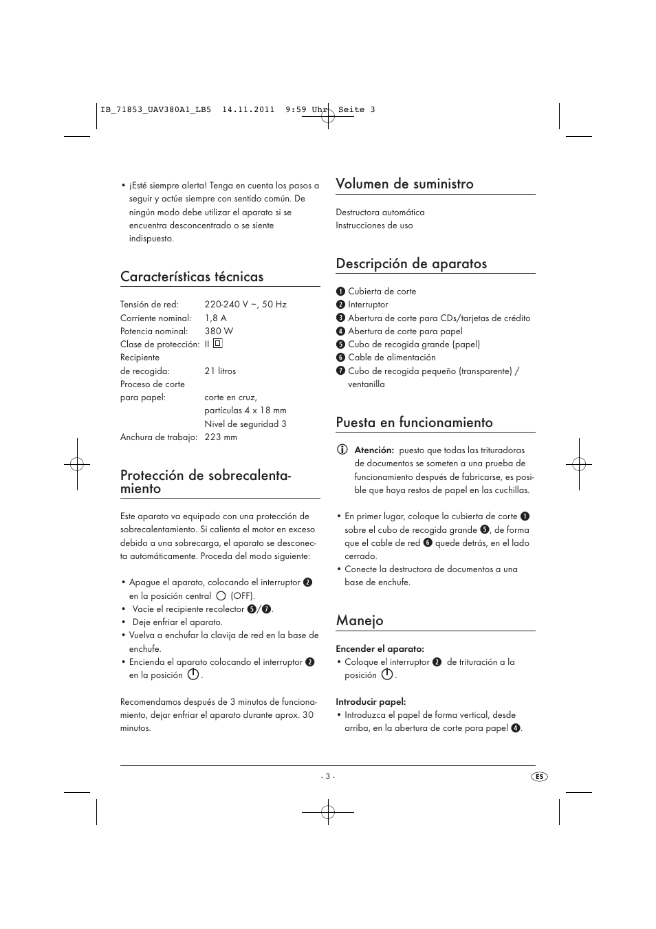 Características técnicas, Protección de sobrecalenta- miento, Volumen de suministro | Descripción de aparatos, Puesta en funcionamiento, Manejo | United Office UAV 380 A1 User Manual | Page 5 / 37