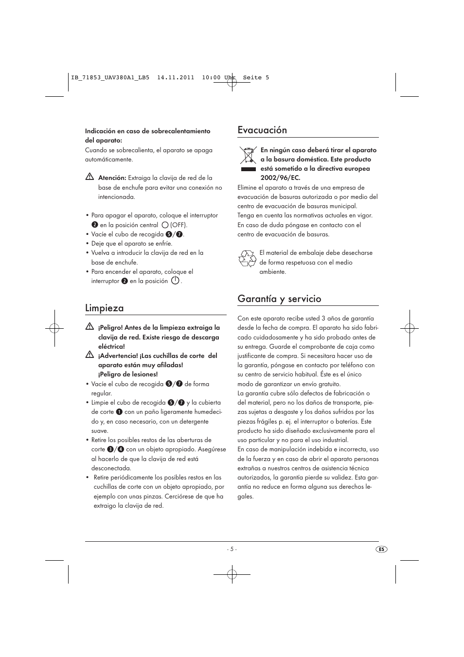 Limpieza, Evacuación, Garantía y servicio | United Office UAV 380 A1 User Manual | Page 7 / 37