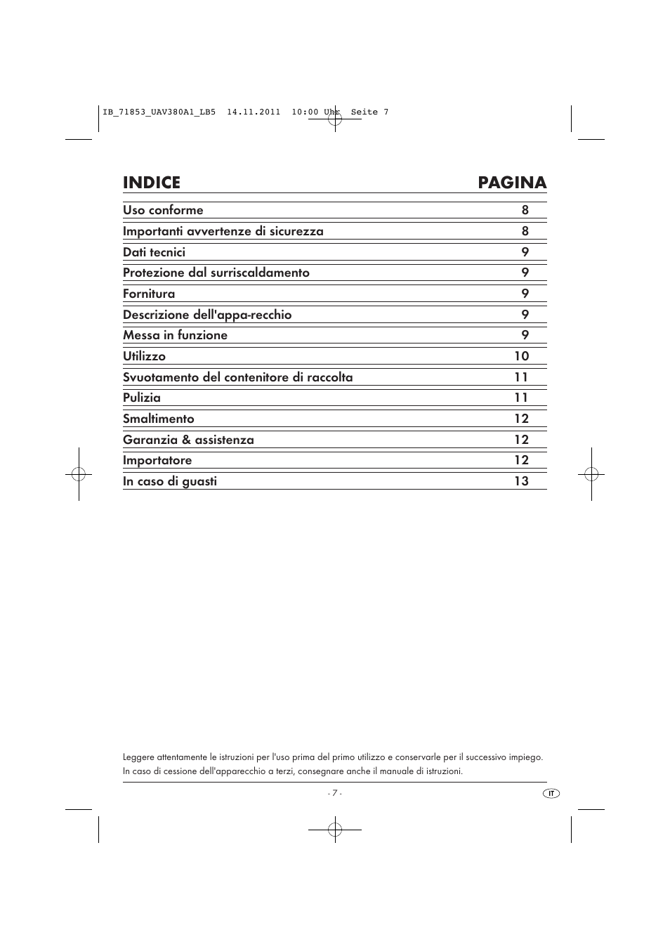 Indice pagina | United Office UAV 380 A1 User Manual | Page 9 / 37