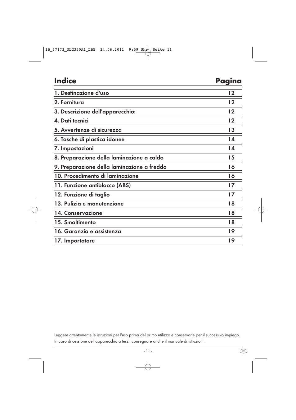 Indice pagina | United Office ULG 350 A1 User Manual | Page 13 / 51