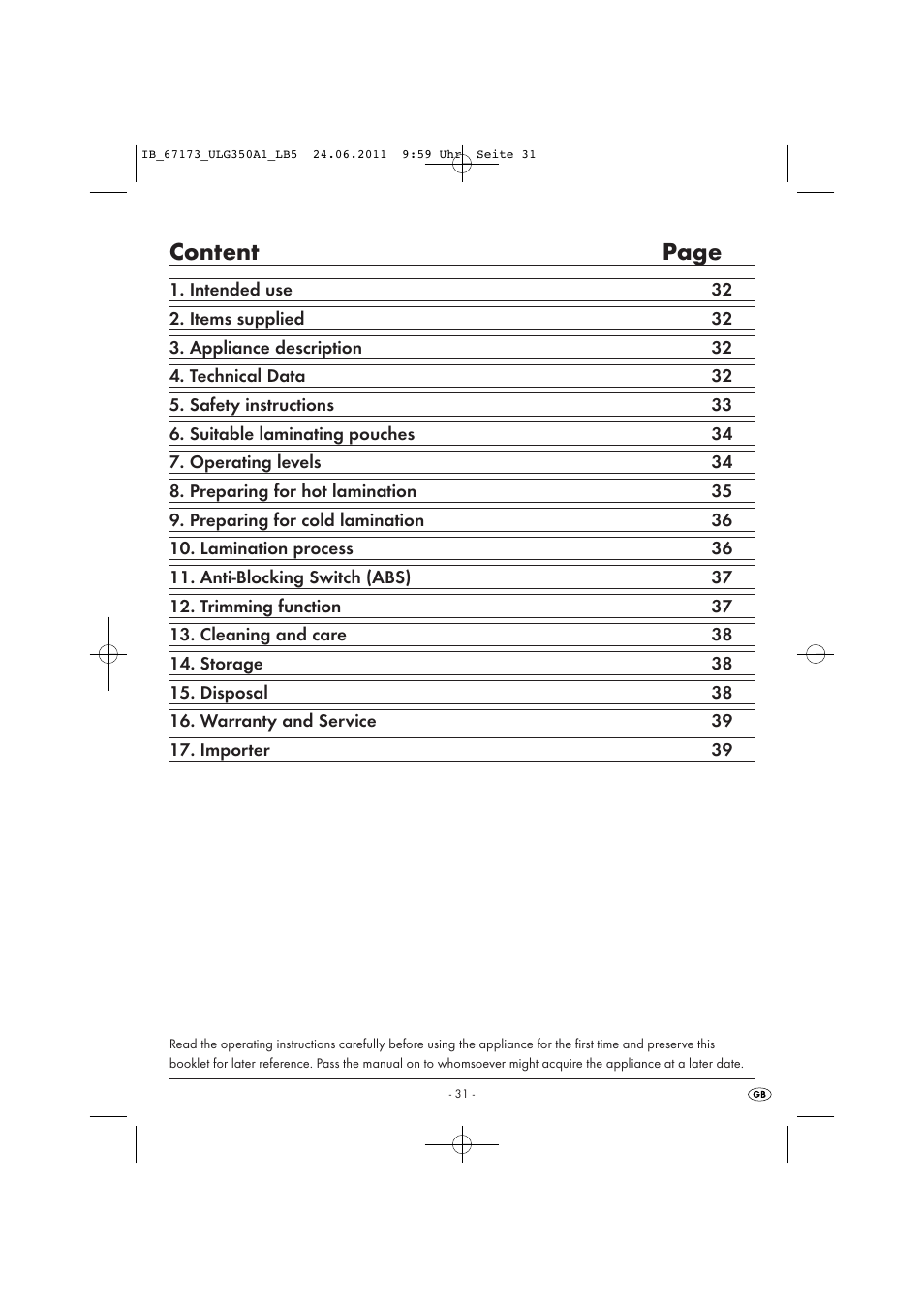 Content page | United Office ULG 350 A1 User Manual | Page 33 / 51